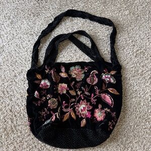 Johnny Was Black Velvet Shoulder Bag with Pink & Gold Floral Embroidery